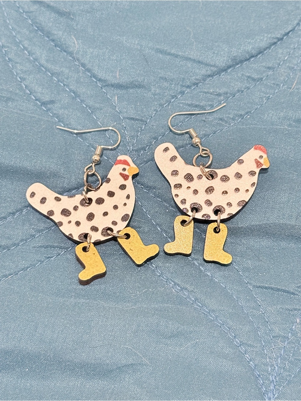Handmade Polka Dot Chicken Dangle Earrings - White & Yellow